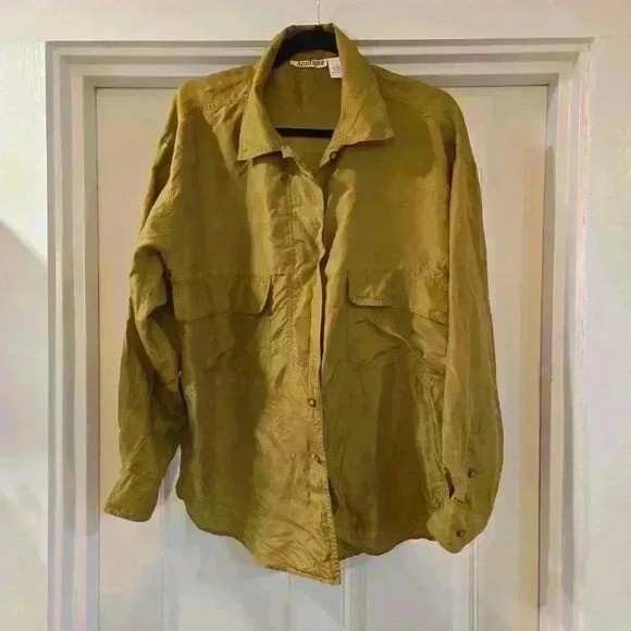 VTG Ann Taylor Women 100% Silk Long Sleeve Blouse Olive Green Size Large - Picture 1 of 10